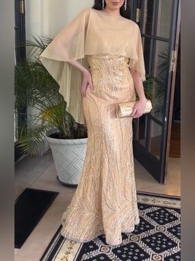 Tina DiMartina Champagne/Gold Gown – Removable Cape & Drape Sleeves